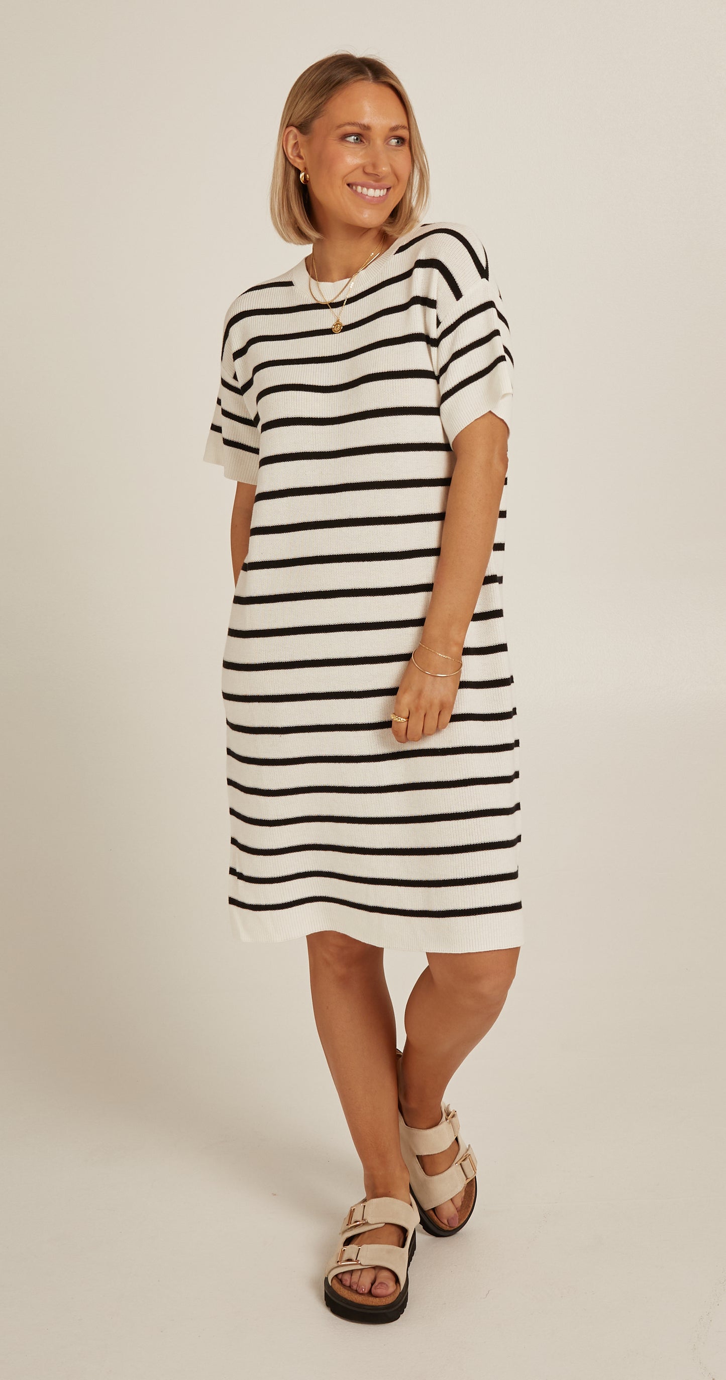 JASPER KNITTED TEE DRESS - WHITE BLACK STRIPE