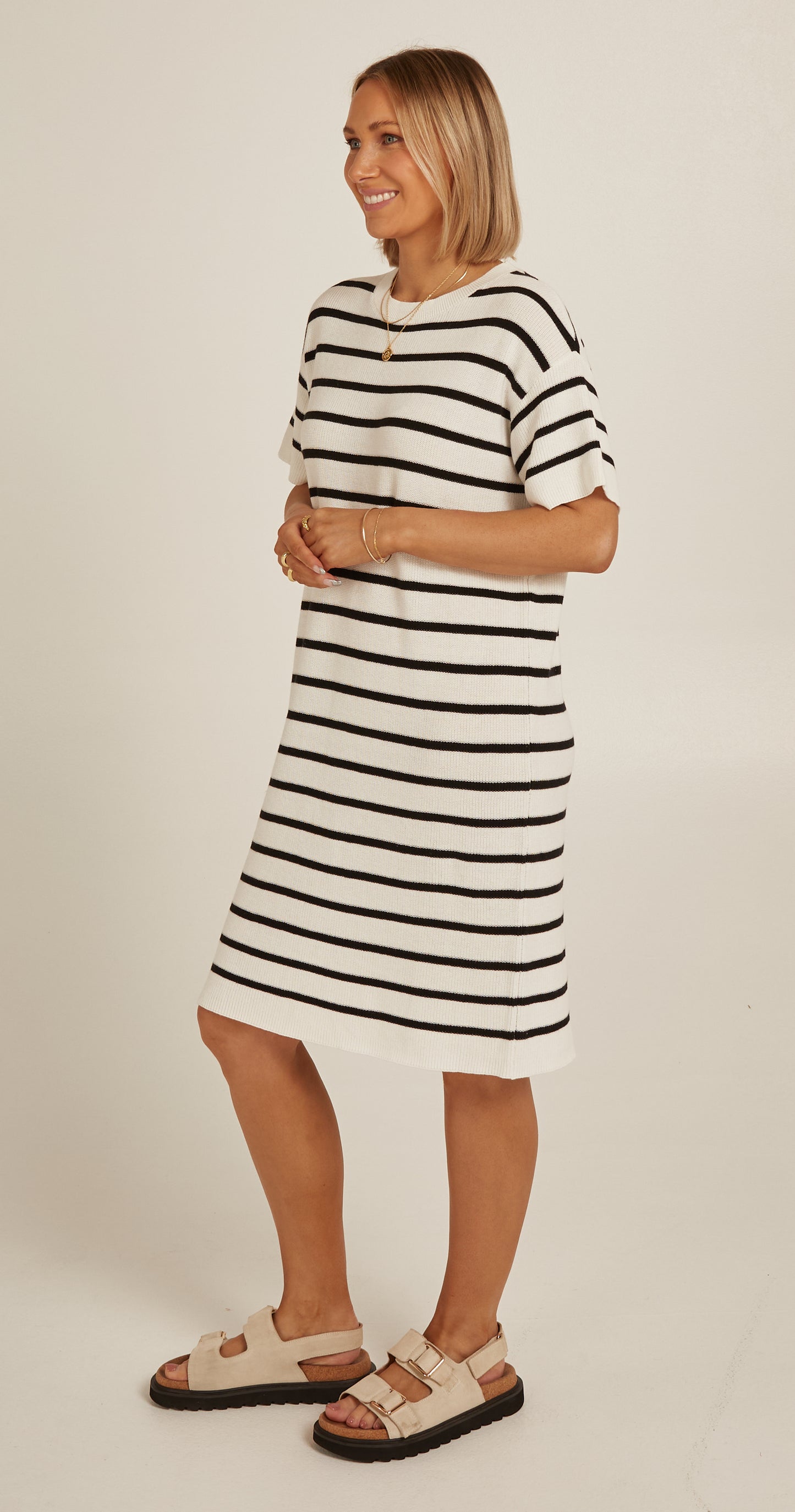 JASPER KNITTED TEE DRESS - WHITE BLACK STRIPE