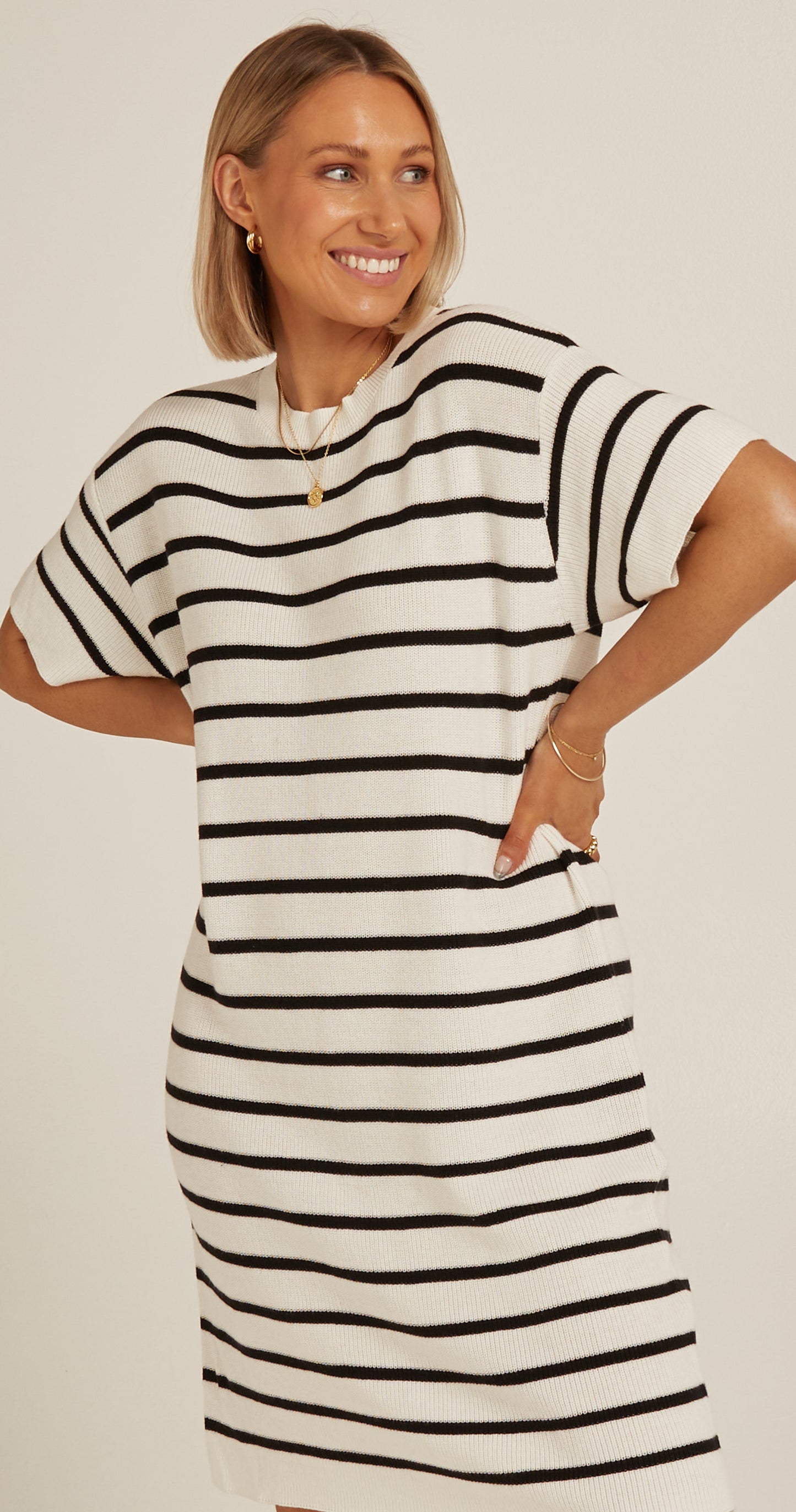 JASPER KNITTED TEE DRESS - WHITE BLACK STRIPE