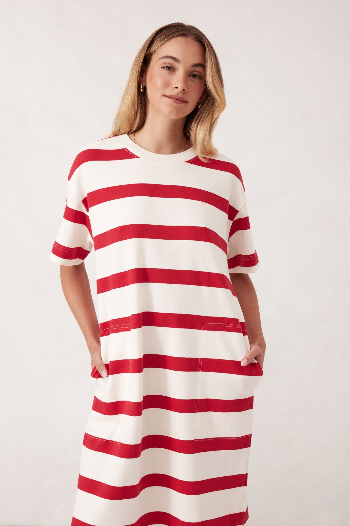 MIDI TERRY DRESS/WHITE RED BOLD STRIPE