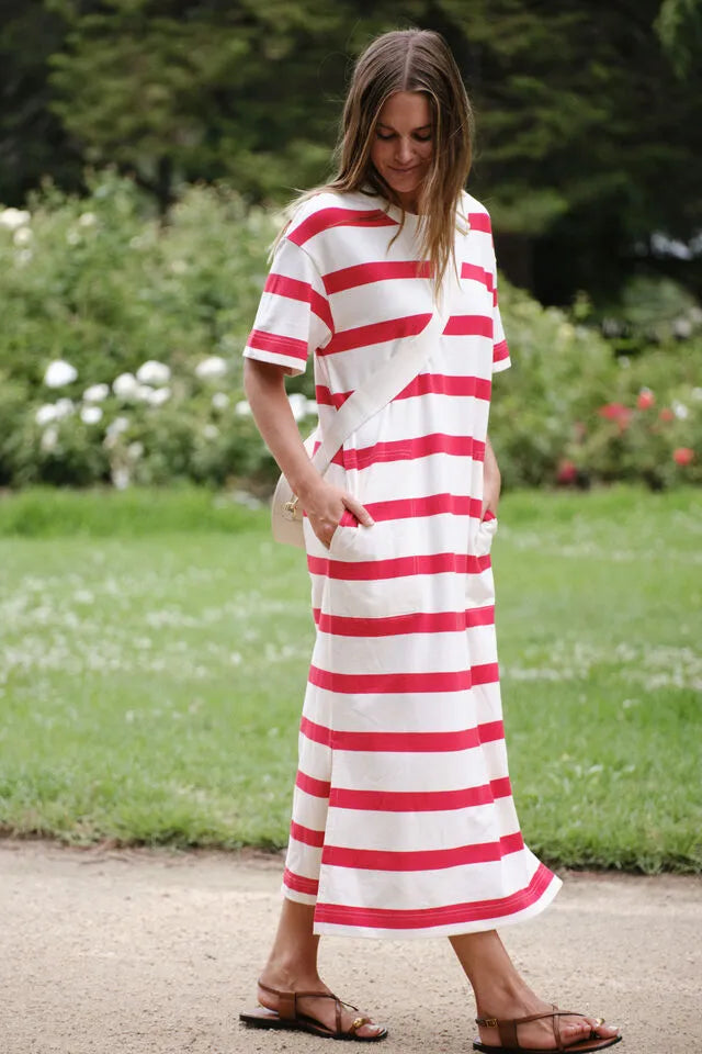 MIDI TERRY DRESS/WHITE RED BOLD STRIPE