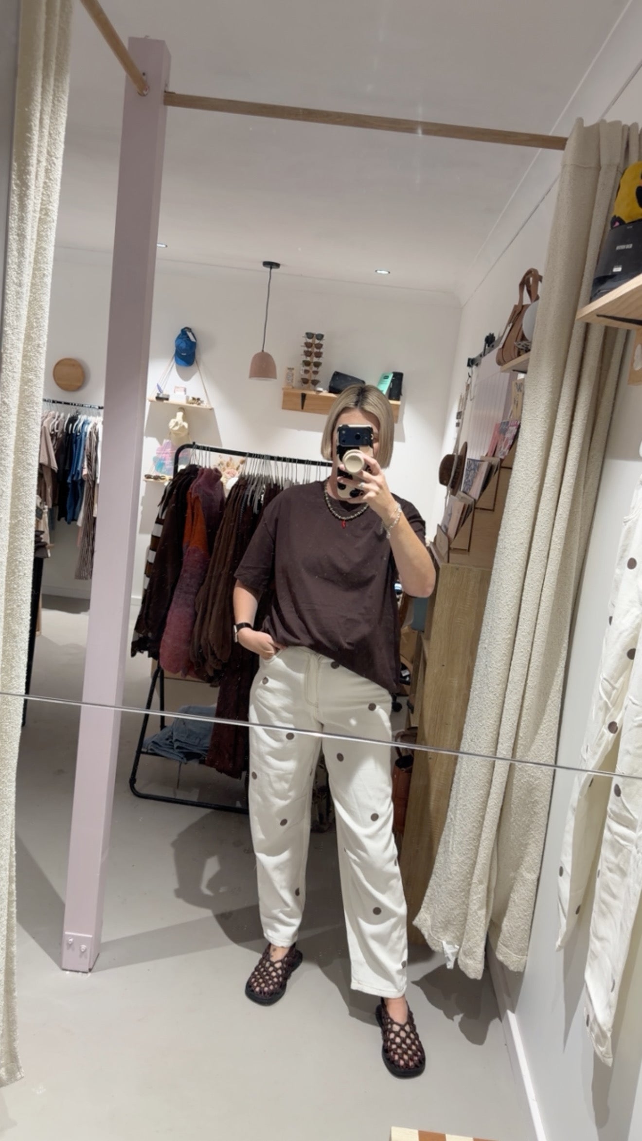 Polka dot cream/chocolate barrel leg jeans