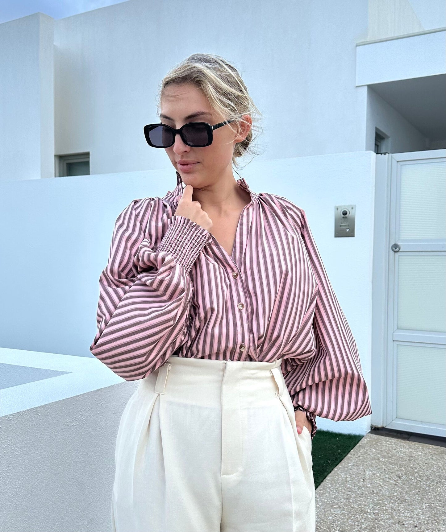 RICHIE STRIPE TOP - BLUSH/MOCHA