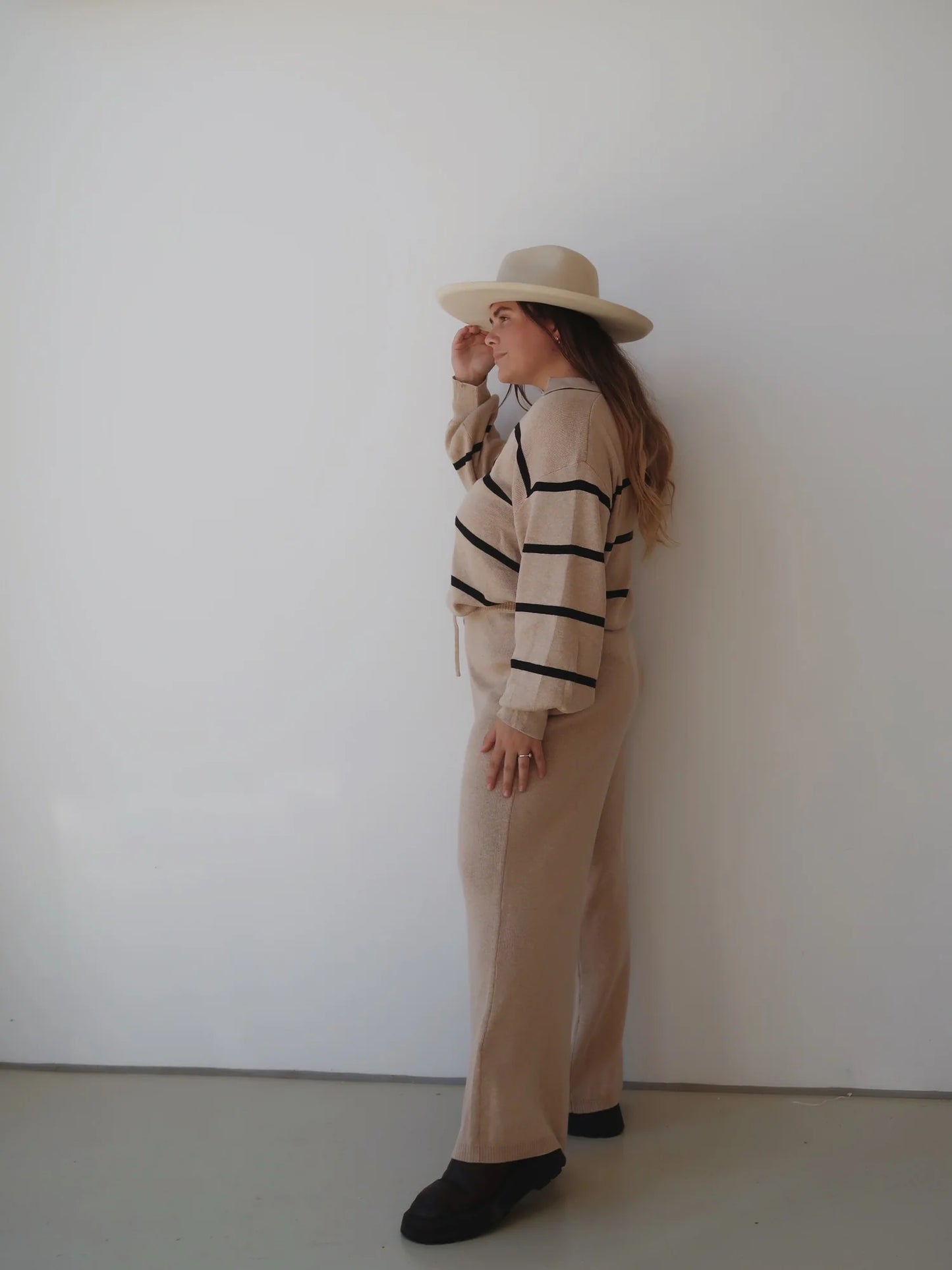 Luna Collared Knit Sweater - Sand/Black Stripe