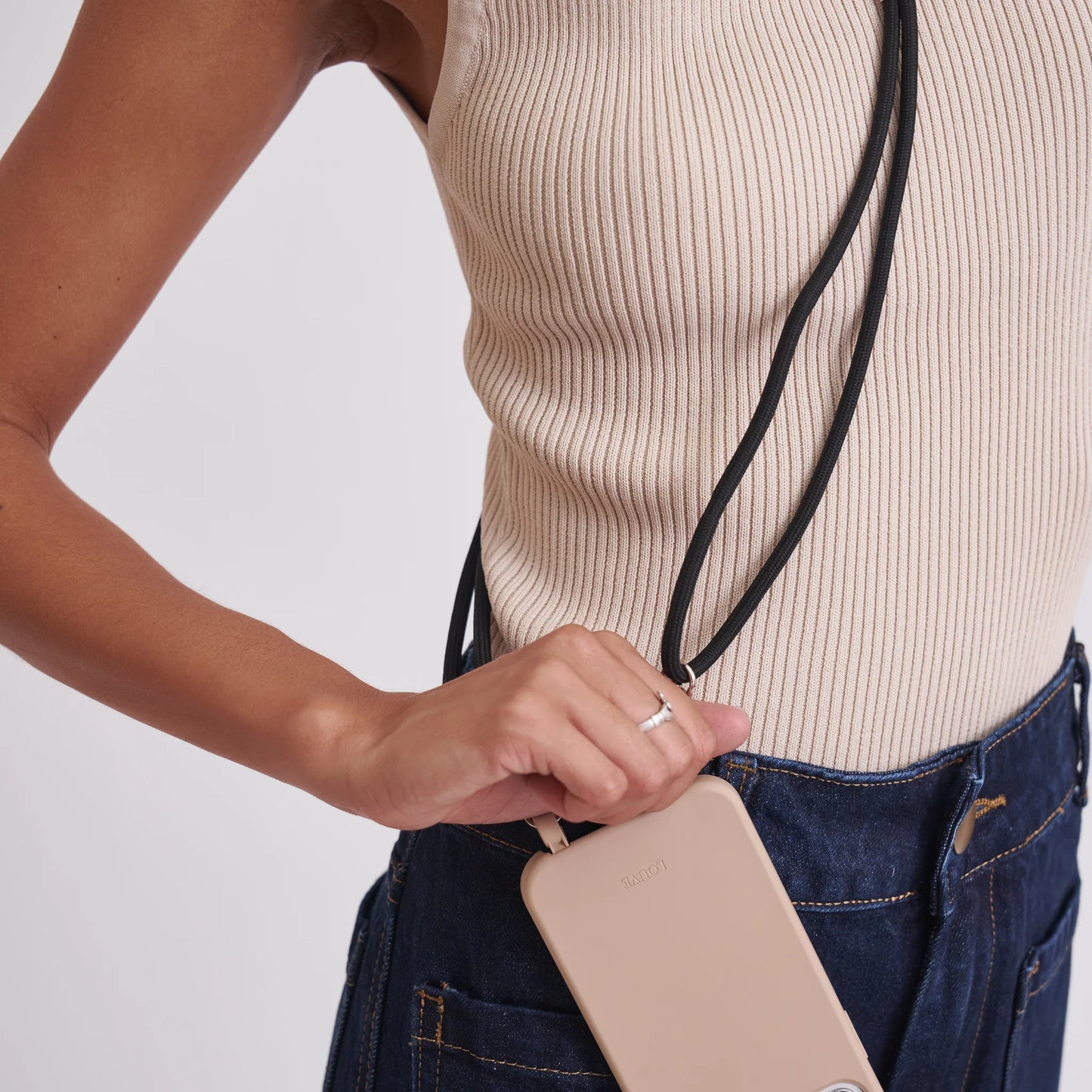 MYSTIQUE BLACK CROSSBODY PHONE STRAP- SILVER HARDWARE