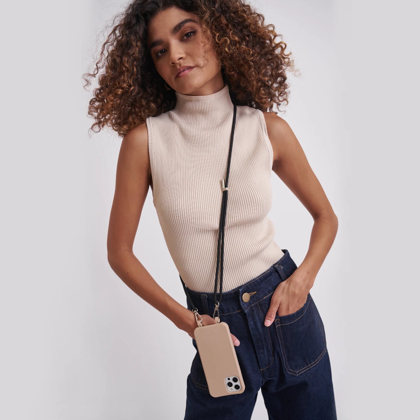 MYSTIQUE BLACK CROSSBODY PHONE STRAP- SILVER HARDWARE