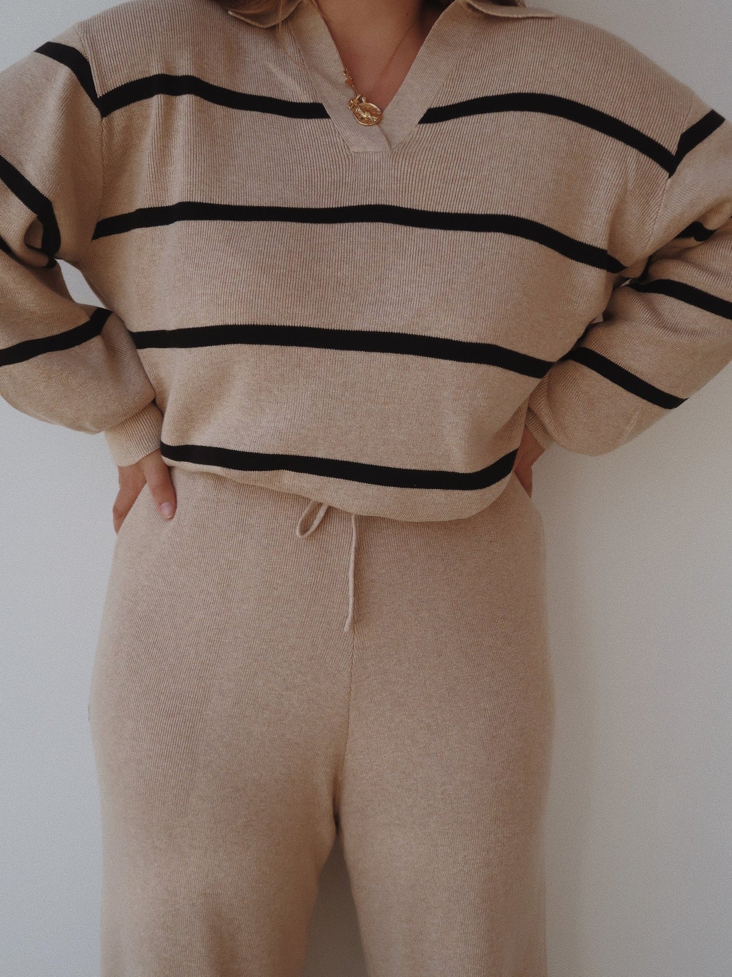 Luna Collared Knit Sweater - Sand/Black Stripe