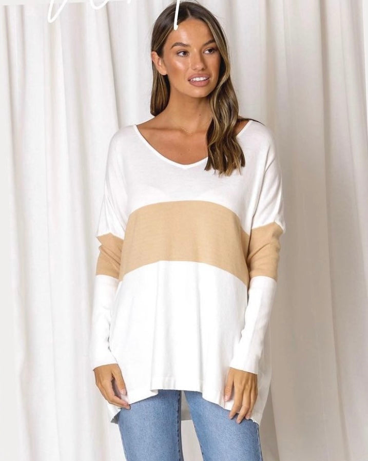 Venice V neck super knit - Colour Block White