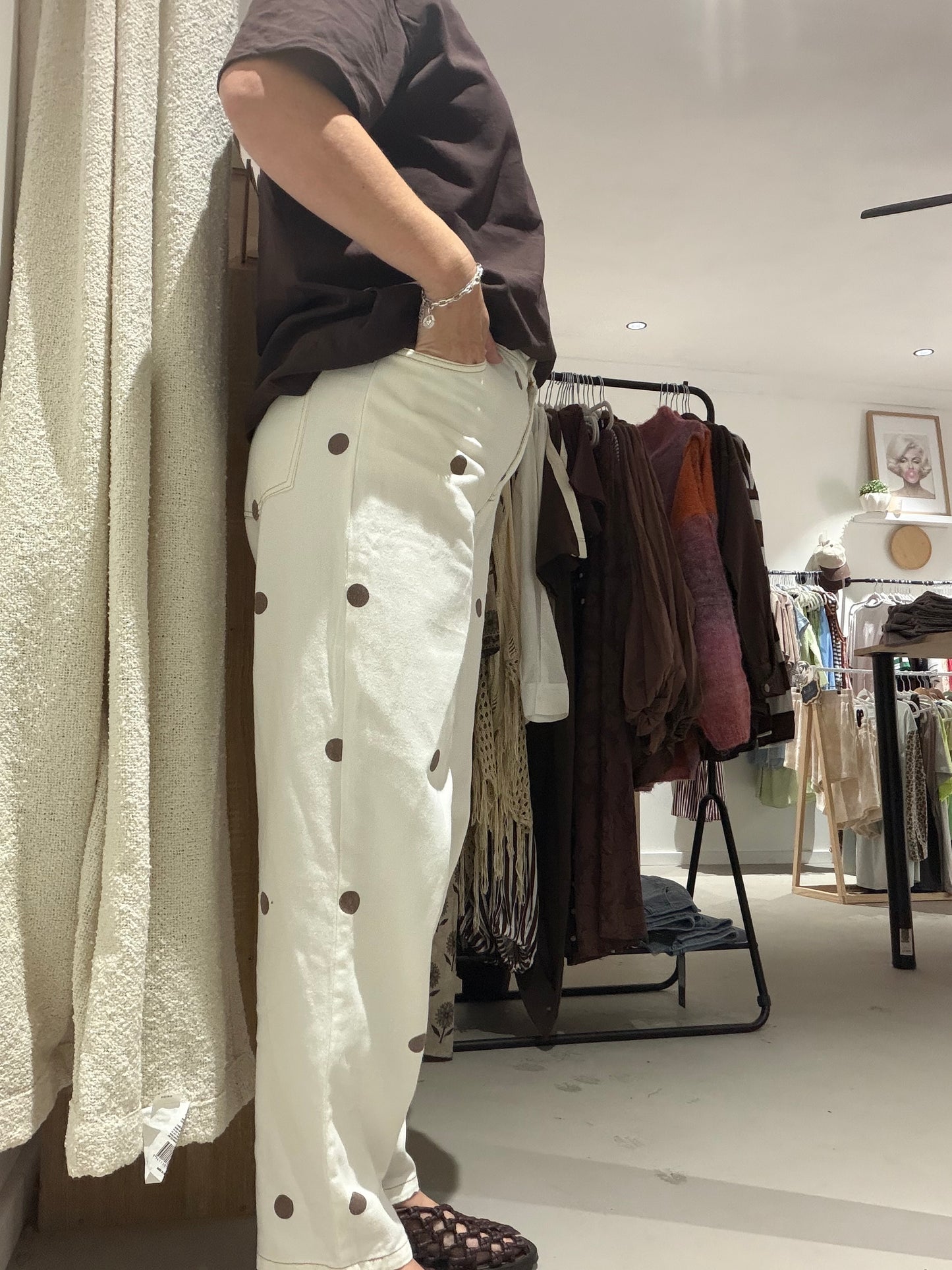 Polka dot cream/chocolate barrel leg jeans