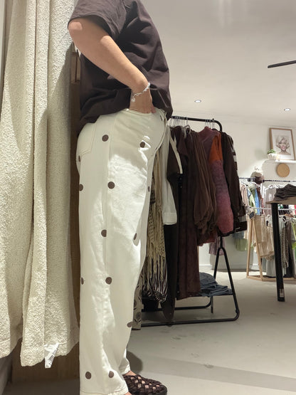 Polka dot cream/chocolate barrel leg jeans