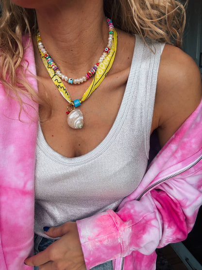 Yellow bandana scarf necklace and multicolor beaded necklace