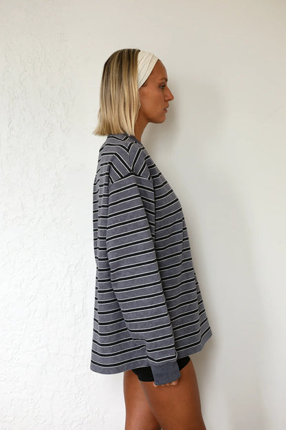 Frankie Crew Neck Fleece - Charcoal / Black Stripe