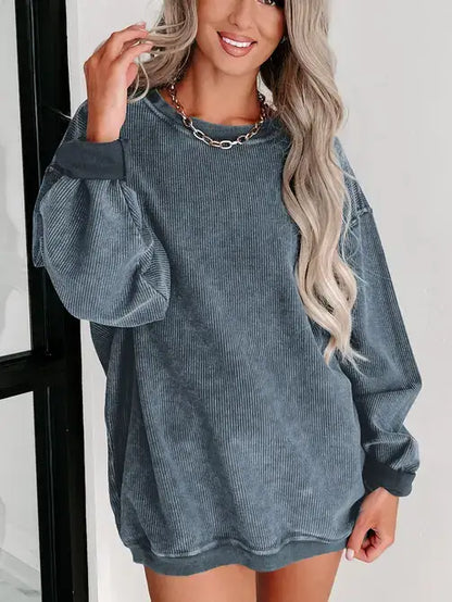 Pink Ribbed Knit Round Neck Pullover Sweatshirt