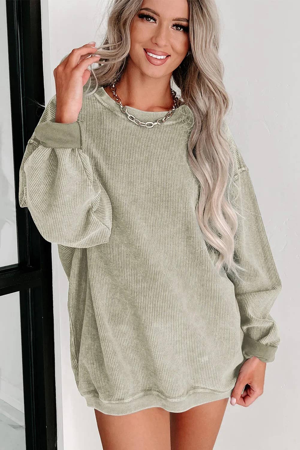 Pink Ribbed Knit Round Neck Pullover Sweatshirt