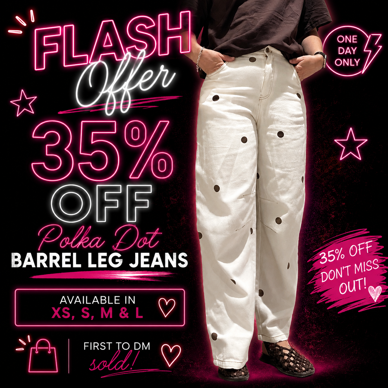 Polka dot cream/chocolate barrel leg jeans