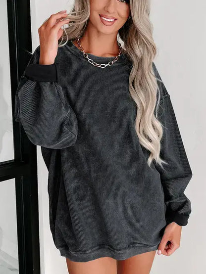 Pink Ribbed Knit Round Neck Pullover Sweatshirt