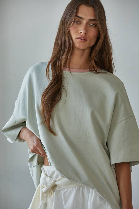 Knit Cotton Contrast Neck Crew Neck T-Shirt