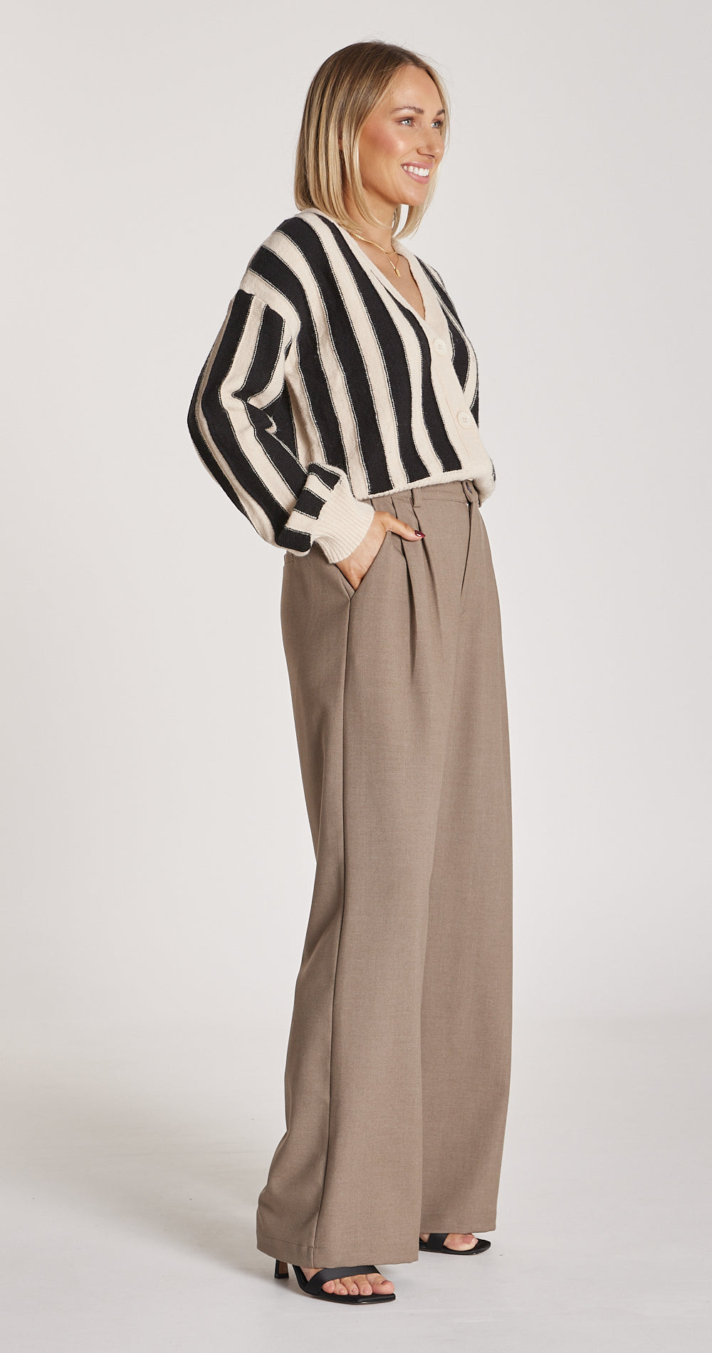 KELSEY CARDI - BEIGE BLACK STRIPE