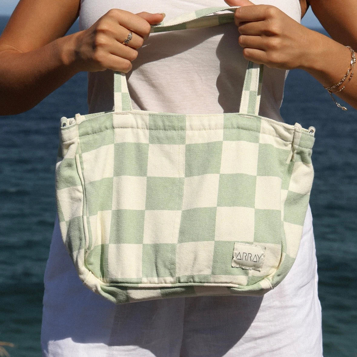 Mini Pocket Tote - Sage Check