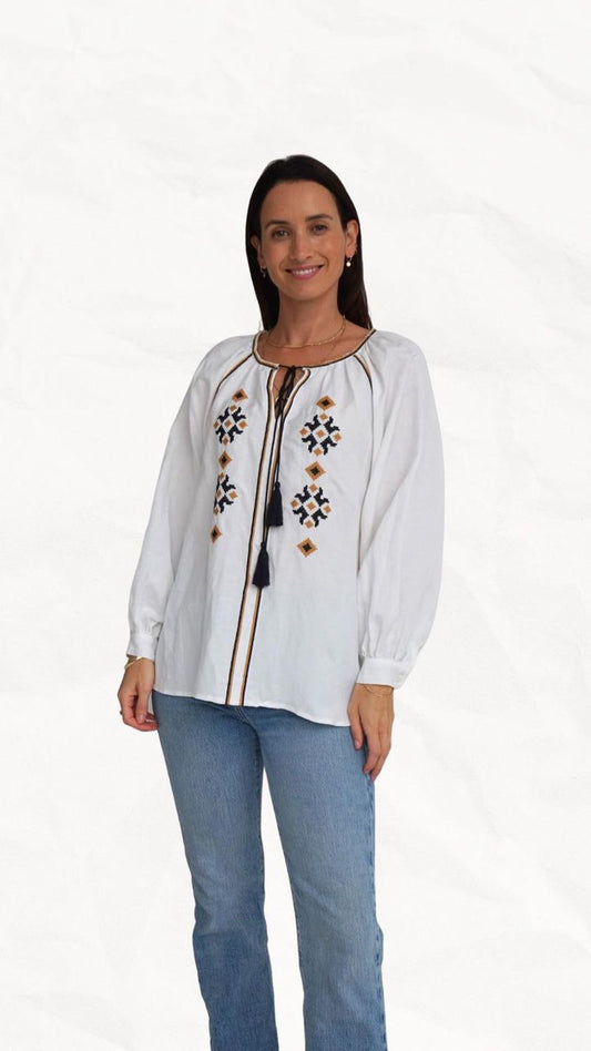 Kai linen blend embroidery blouse