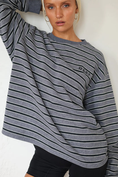 Frankie Crew Neck Fleece - Charcoal / Black Stripe
