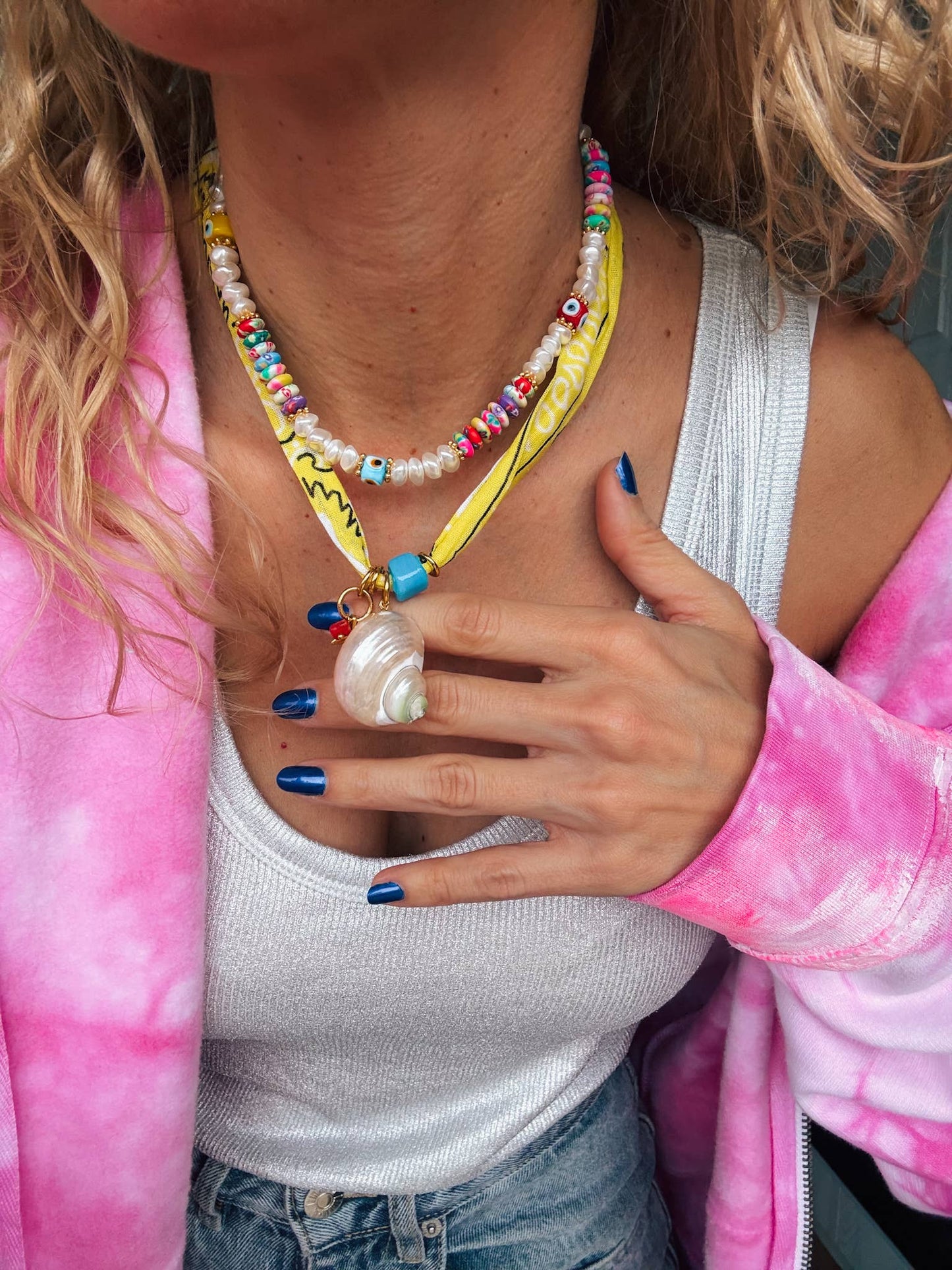 Yellow bandana scarf necklace and multicolor beaded necklace
