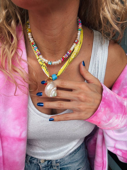 Yellow bandana scarf necklace and multicolor beaded necklace