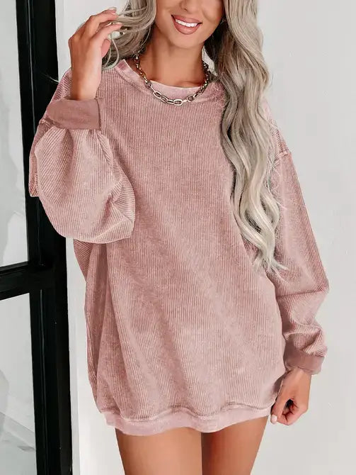 Pink Ribbed Knit Round Neck Pullover Sweatshirt