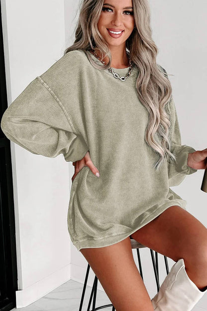 Pink Ribbed Knit Round Neck Pullover Sweatshirt
