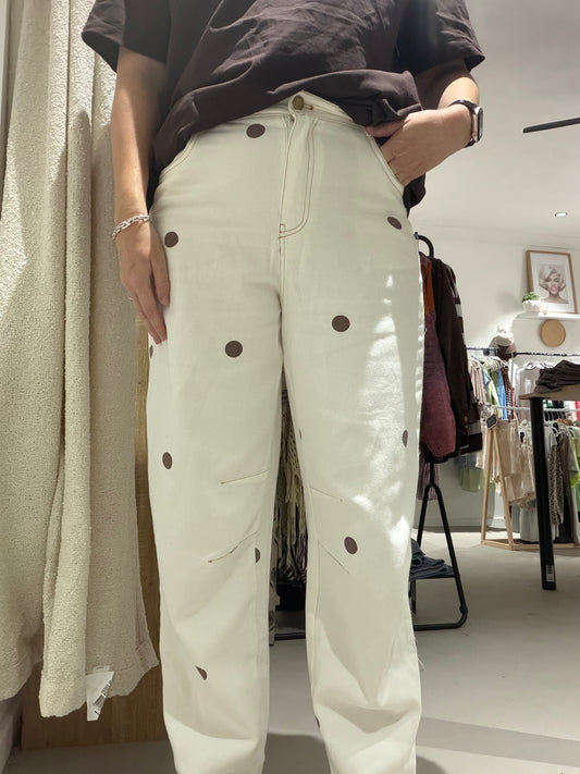 Polka dot cream/chocolate barrel leg jeans