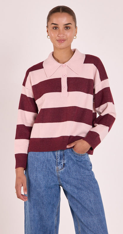 STEFI RUGBY KNIT - PINK BURGUNDY STRIPE
