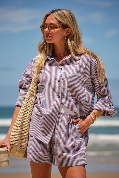 Miya Shirt - wine blue small stripe