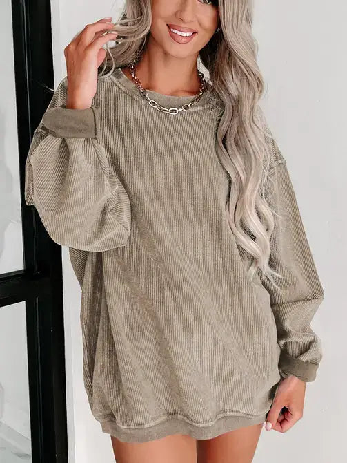 Pink Ribbed Knit Round Neck Pullover Sweatshirt