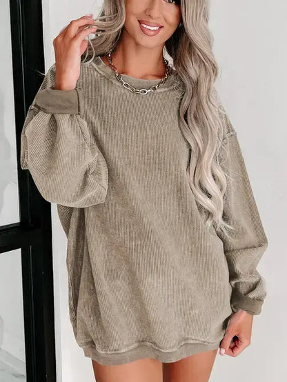 Pink Ribbed Knit Round Neck Pullover Sweatshirt