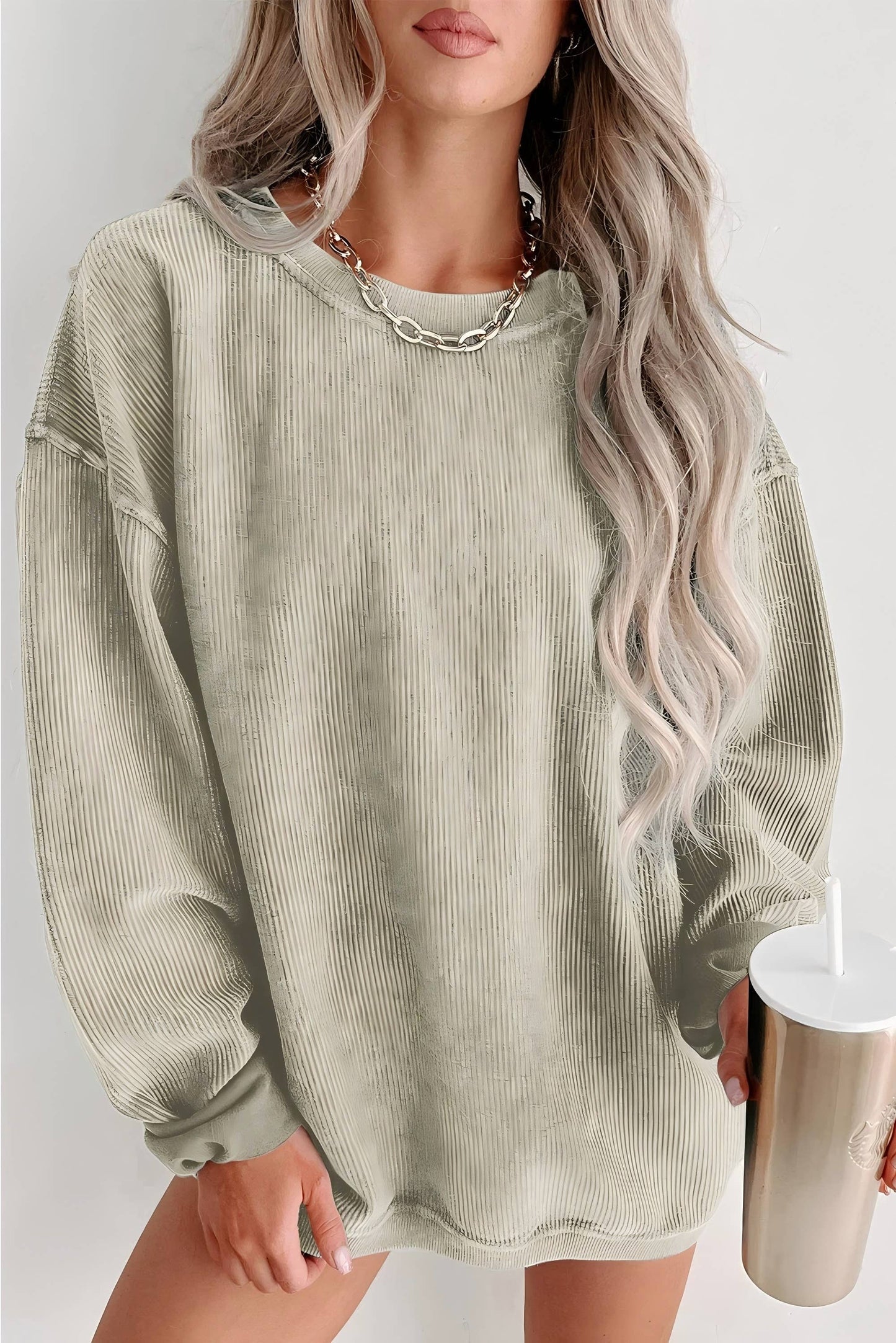 Pink Ribbed Knit Round Neck Pullover Sweatshirt