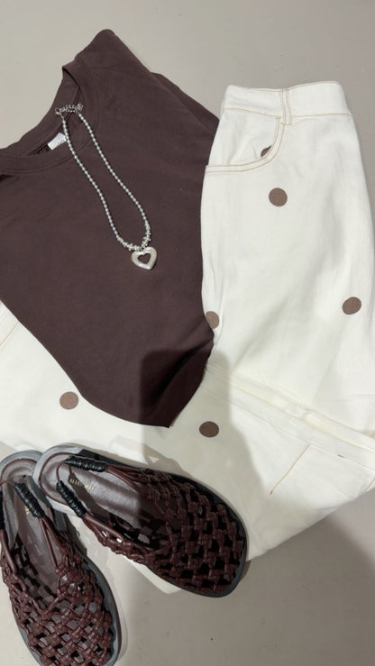 Polka dot cream/chocolate barrel leg jeans