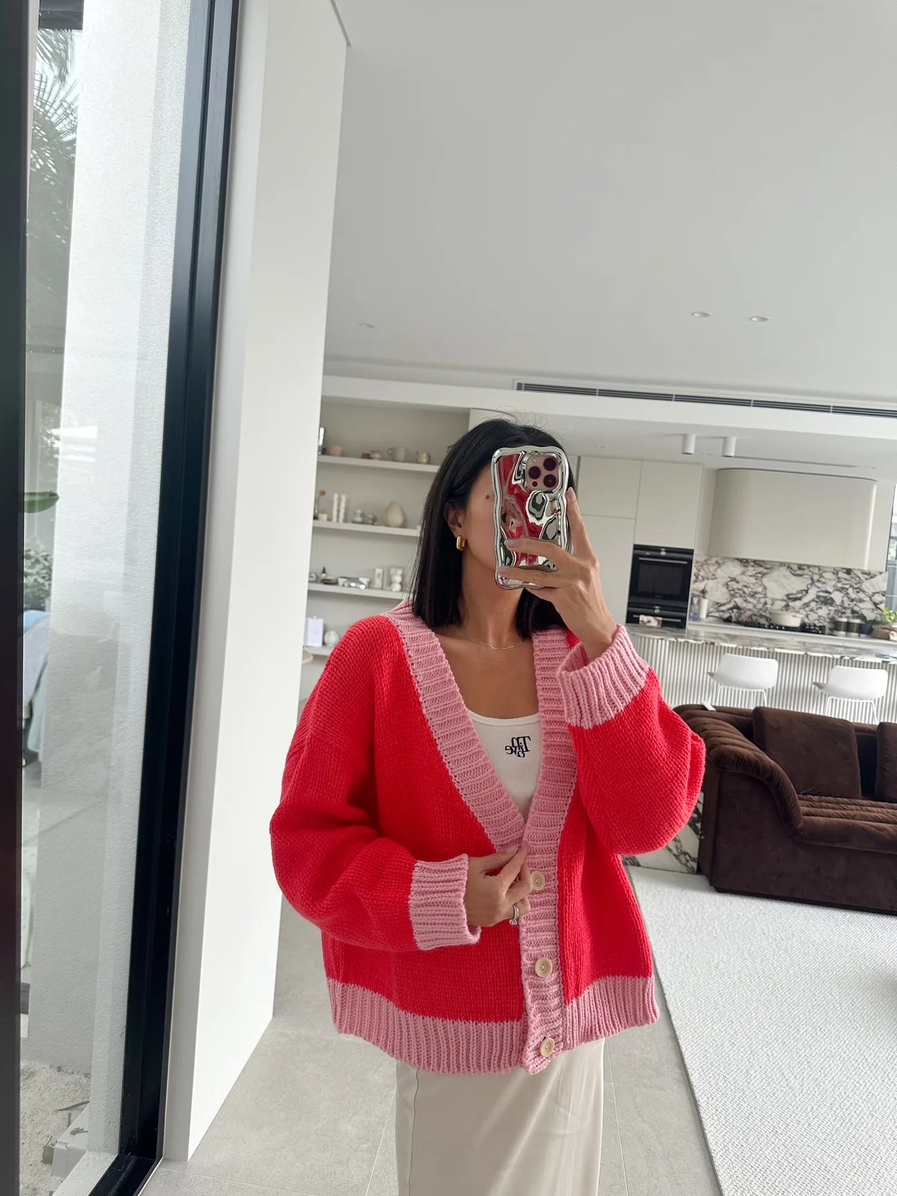 Maeve Contrast Knit Cardigan - Red/Pink