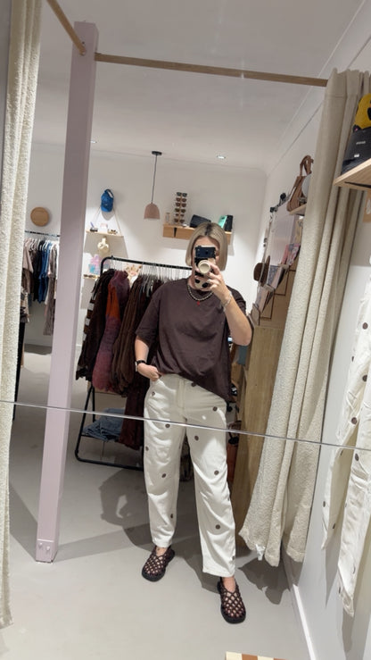 Polka dot cream/chocolate barrel leg jeans