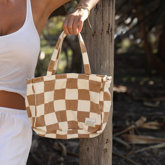 Mini Pocket Tote - Tan Check