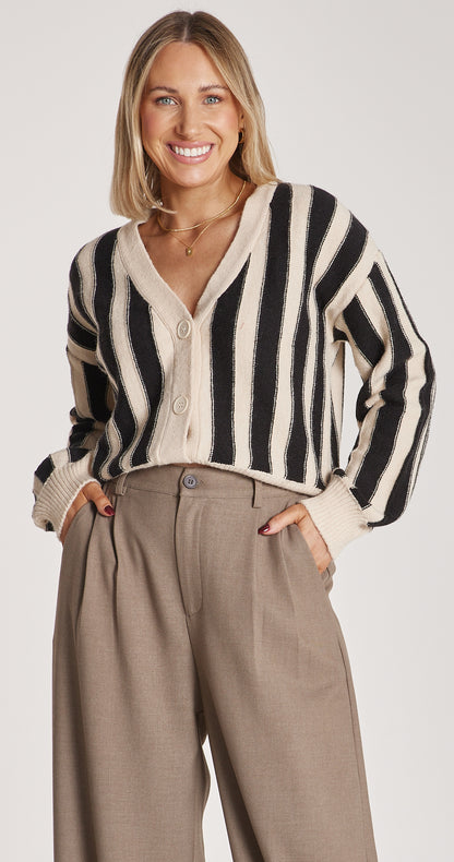 KELSEY CARDI - BEIGE BLACK STRIPE