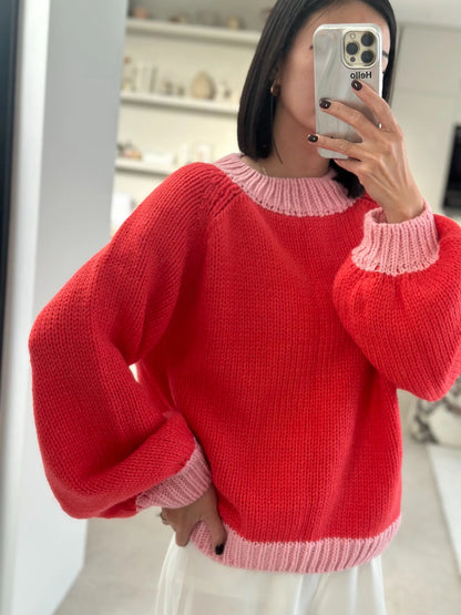 Mia Contrast Knit Jumper - Red/Pink