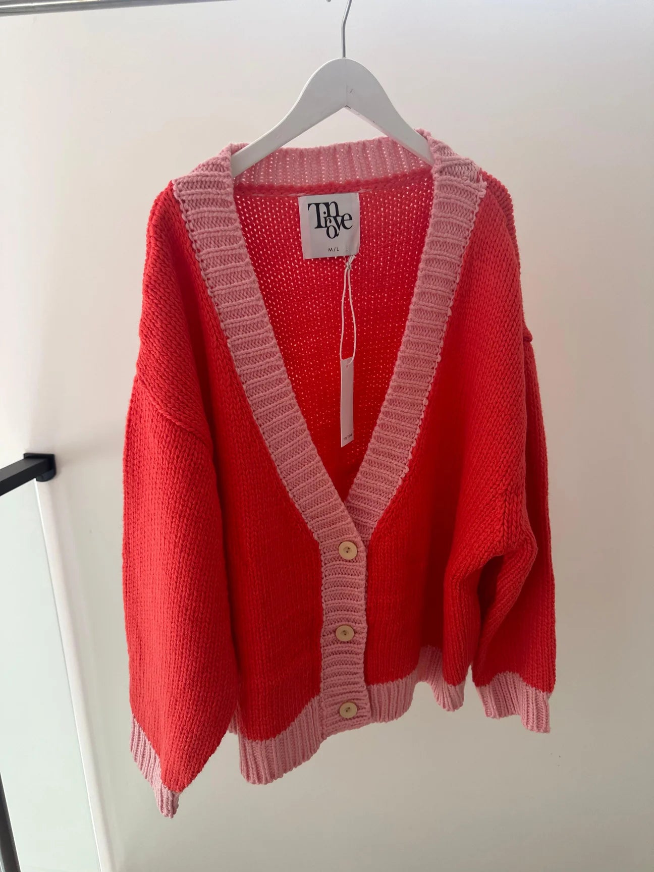 Maeve Contrast Knit Cardigan - Red/Pink