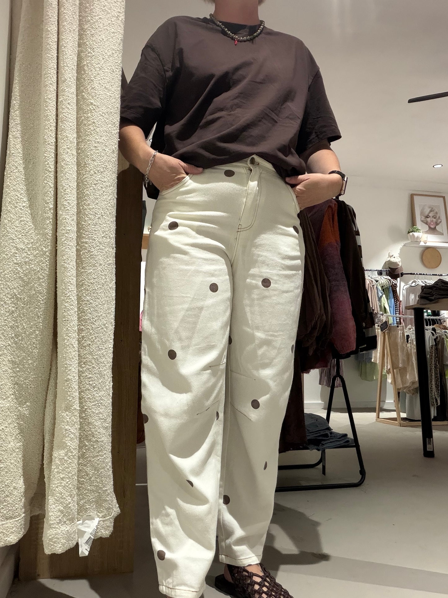 Polka dot cream/chocolate barrel leg jeans