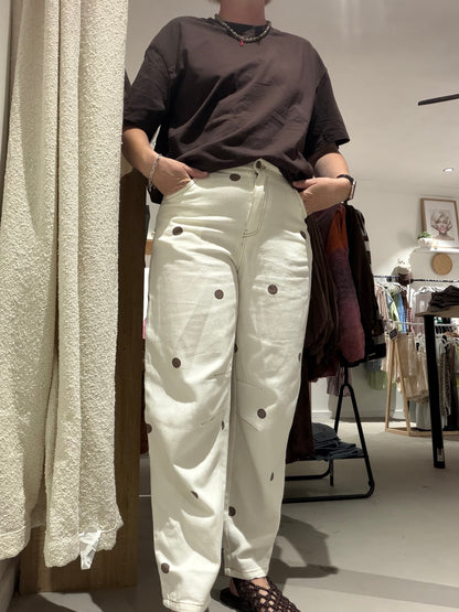 Polka dot cream/chocolate barrel leg jeans