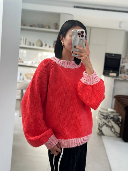 Mia Contrast Knit Jumper - Red/Pink