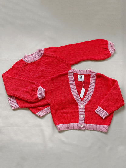 Maeve Contrast Knit Cardigan - Red/Pink