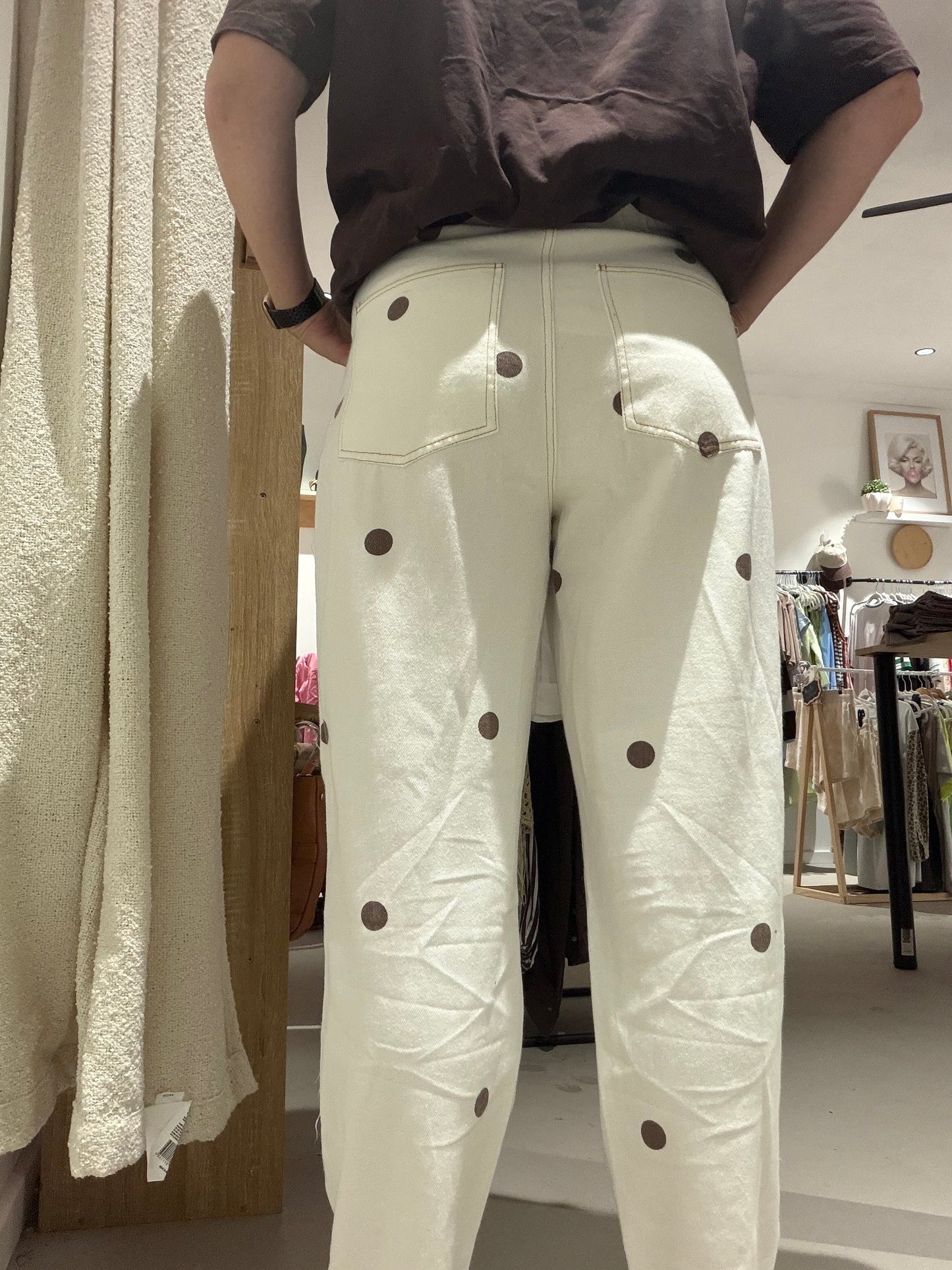 Polka dot cream/chocolate barrel leg jeans
