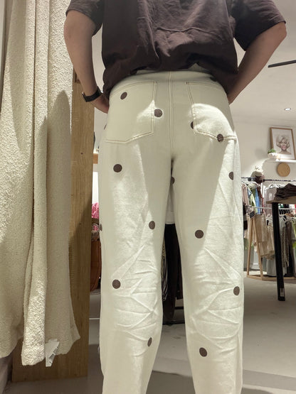 Polka dot cream/chocolate barrel leg jeans