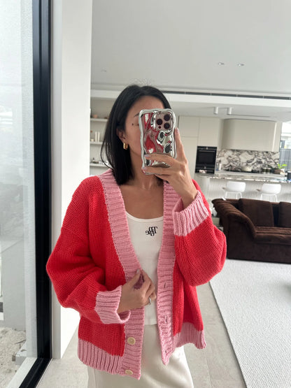 Maeve Contrast Knit Cardigan - Red/Pink