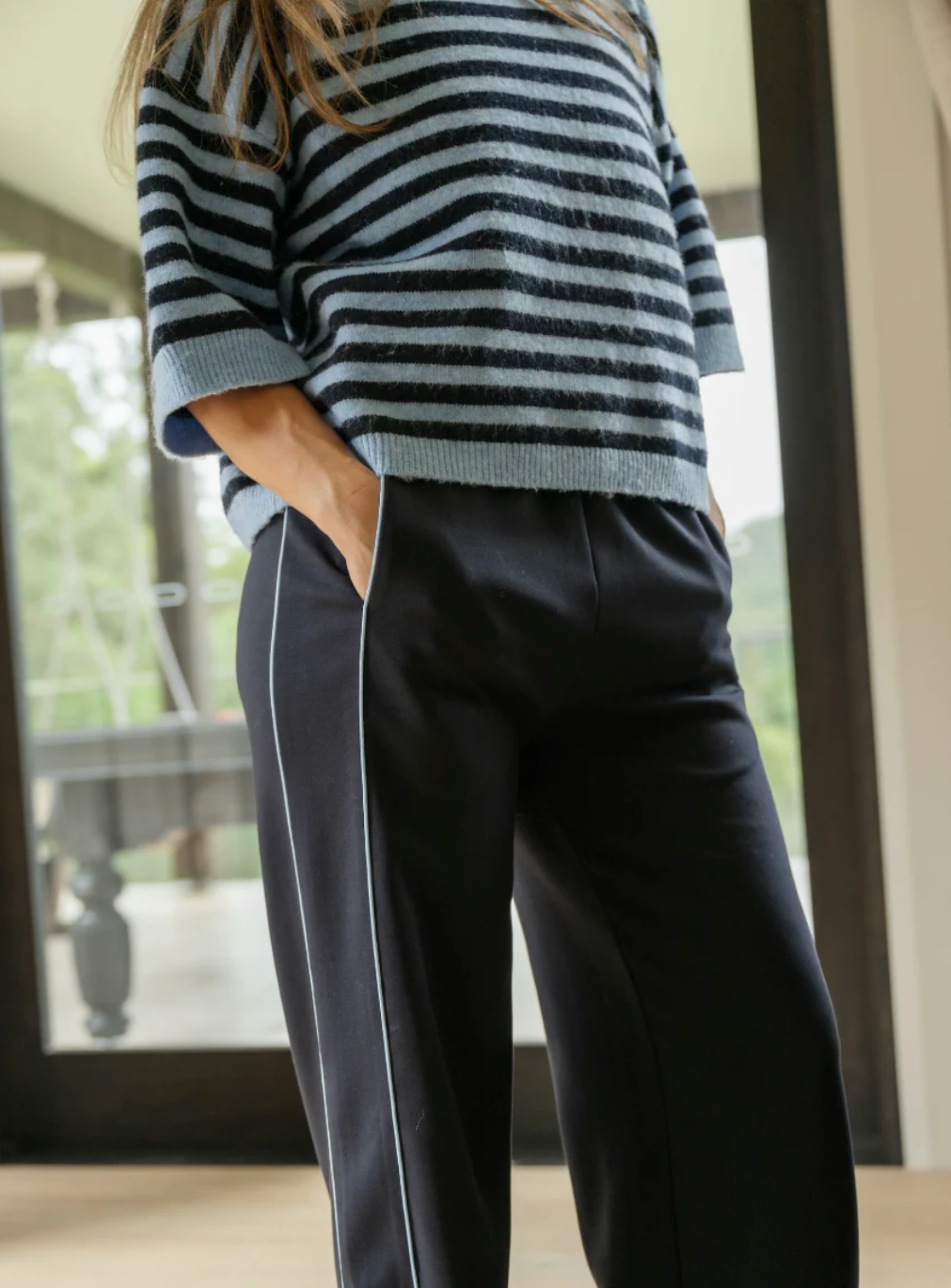 Noah Wide Pant -Navy Powder Blue Piping